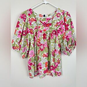 Michelle Mcdowell Floral Blouse Womens Small Top Short Sleeve Hippie Tassel Boho